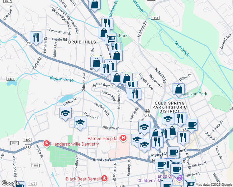 map of restaurants, bars, coffee shops, grocery stores, and more near 585 Buena Vista Lane in Hendersonville