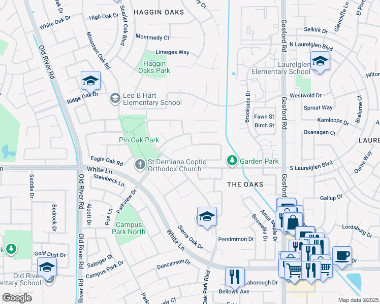 map of restaurants, bars, coffee shops, grocery stores, and more near 3200 Bridlewood Court in Bakersfield