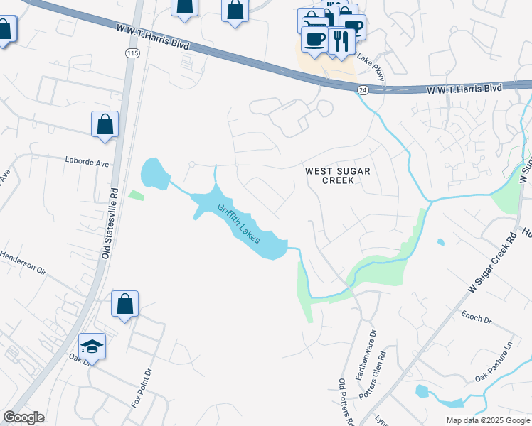 map of restaurants, bars, coffee shops, grocery stores, and more near 8934 Old Potters Road in Charlotte