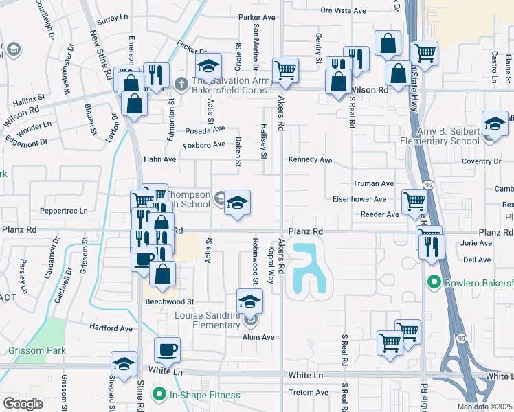 map of restaurants, bars, coffee shops, grocery stores, and more near 4110 Planz Road in Bakersfield