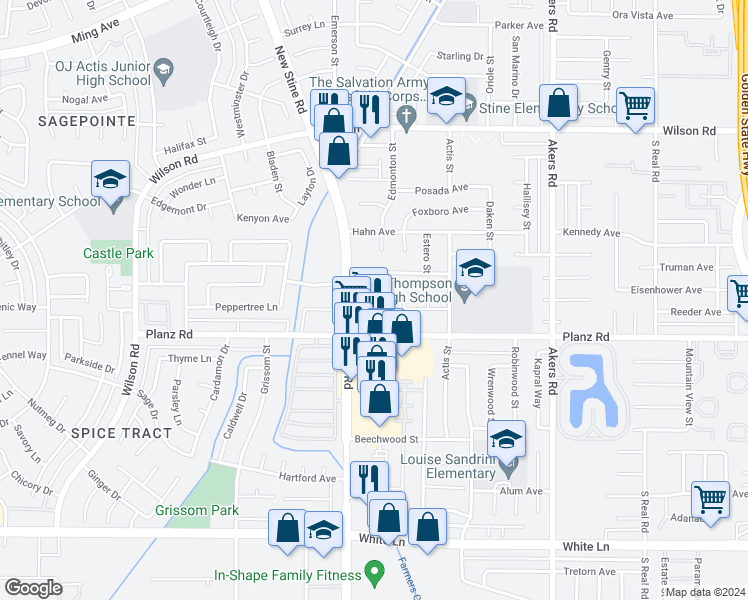 map of restaurants, bars, coffee shops, grocery stores, and more near 3104 Edmonton Street in Bakersfield