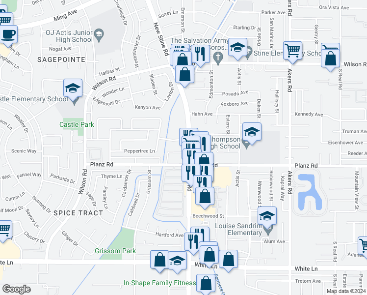 map of restaurants, bars, coffee shops, grocery stores, and more near 3108 Stine Road in Bakersfield