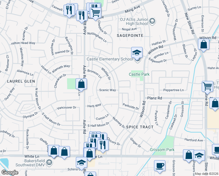 map of restaurants, bars, coffee shops, grocery stores, and more near 6209 Whitley Court in Bakersfield