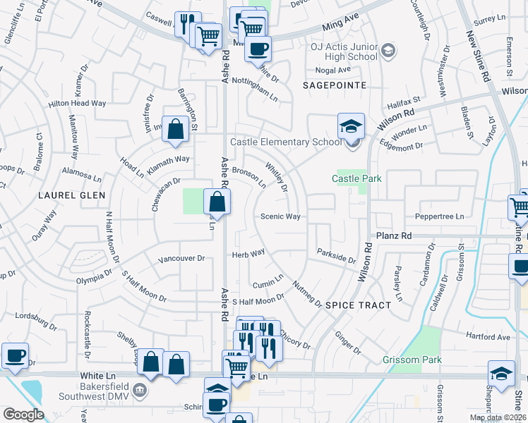 map of restaurants, bars, coffee shops, grocery stores, and more near 6209 Whitley Court in Bakersfield