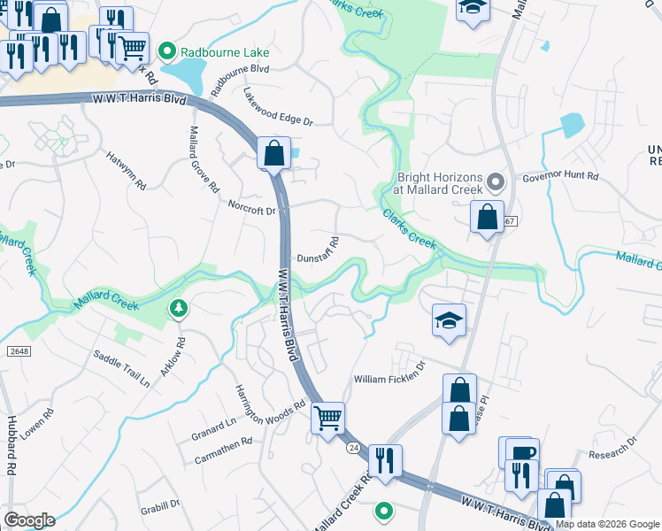 map of restaurants, bars, coffee shops, grocery stores, and more near 8344 Dunstaff Road in Charlotte