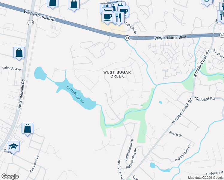 map of restaurants, bars, coffee shops, grocery stores, and more near 7611 Eben Drive in Charlotte