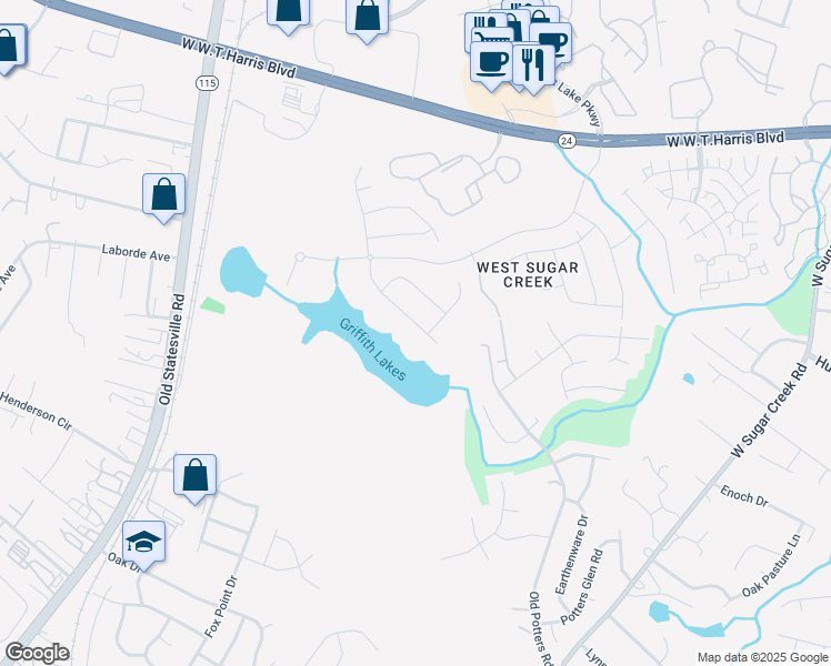 map of restaurants, bars, coffee shops, grocery stores, and more near 8934 Old Potters Road in Charlotte
