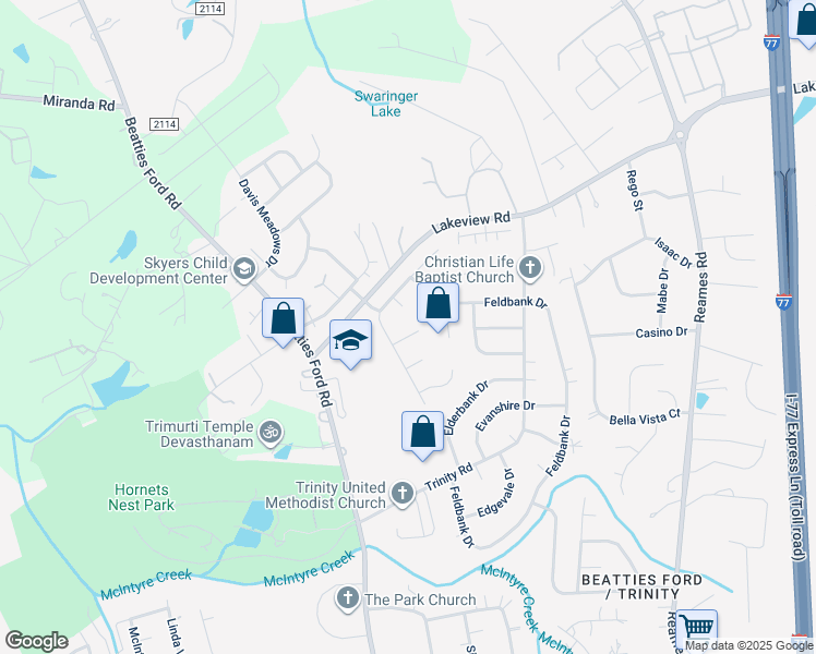 map of restaurants, bars, coffee shops, grocery stores, and more near 9709 Emily Lane in Charlotte