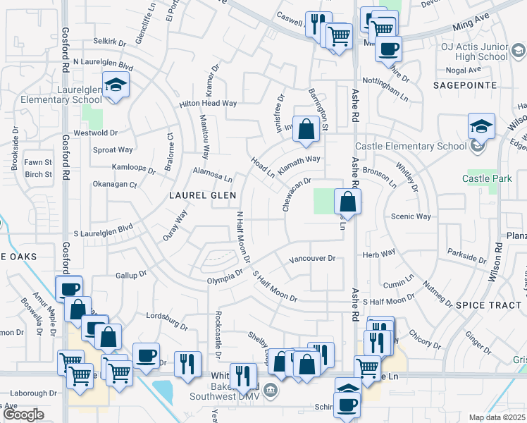 map of restaurants, bars, coffee shops, grocery stores, and more near 3117 Corvallis Court in Bakersfield