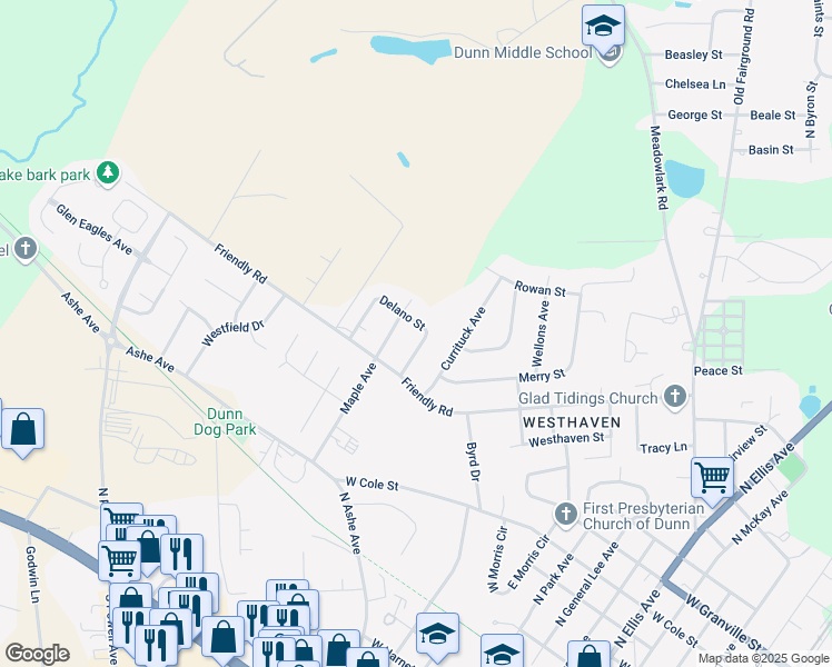 map of restaurants, bars, coffee shops, grocery stores, and more near 808 Maple Avenue in Dunn