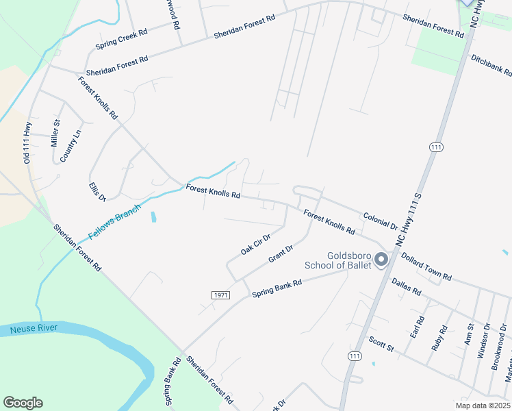 map of restaurants, bars, coffee shops, grocery stores, and more near 307 Forest Knolls Road in Goldsboro