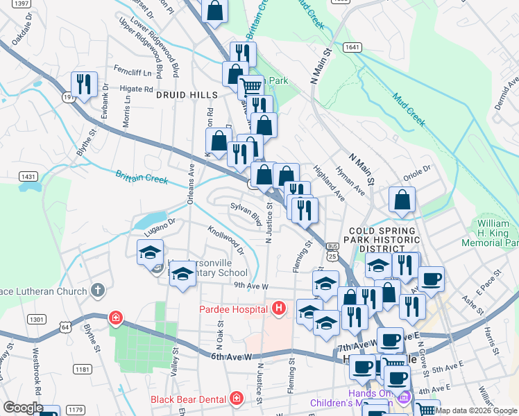 map of restaurants, bars, coffee shops, grocery stores, and more near 712 Sylvan Boulevard in Hendersonville