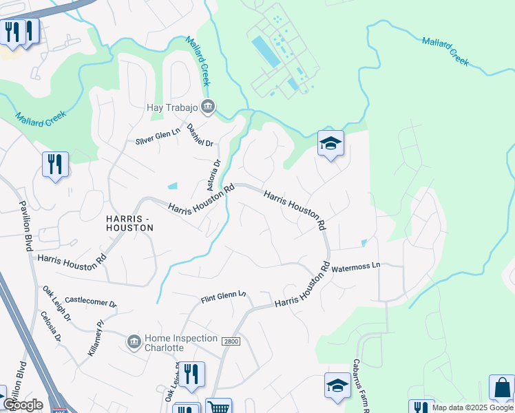 map of restaurants, bars, coffee shops, grocery stores, and more near 2900 Silkstream Lane in Charlotte