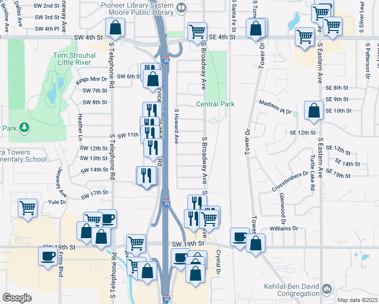 map of restaurants, bars, coffee shops, grocery stores, and more near 121 Southwest 13th Street in Moore