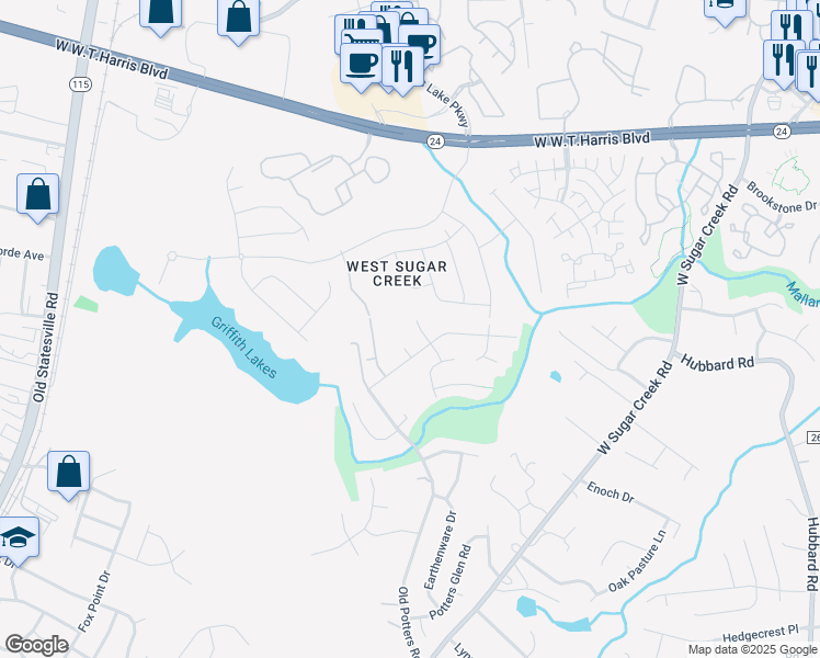 map of restaurants, bars, coffee shops, grocery stores, and more near 7541 Melstrand Way in Charlotte
