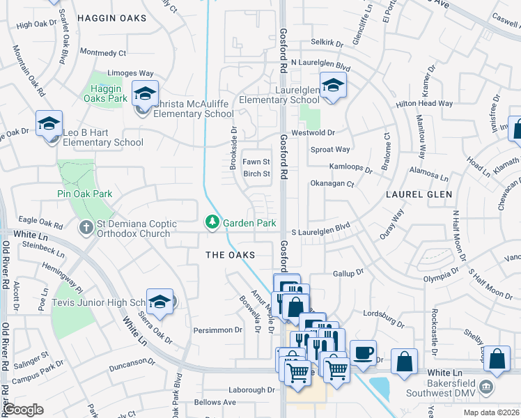 map of restaurants, bars, coffee shops, grocery stores, and more near 3118 Brookside Drive in Bakersfield