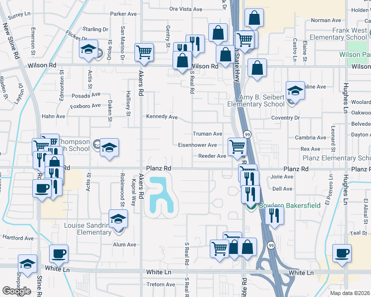map of restaurants, bars, coffee shops, grocery stores, and more near 3637 Eisenhower Avenue in Bakersfield