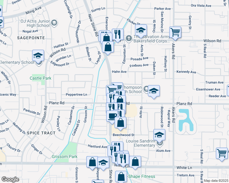 map of restaurants, bars, coffee shops, grocery stores, and more near in Bakersfield