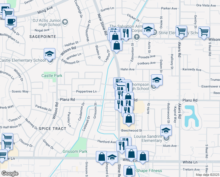 map of restaurants, bars, coffee shops, grocery stores, and more near 5101 Appleblossom Drive in Bakersfield