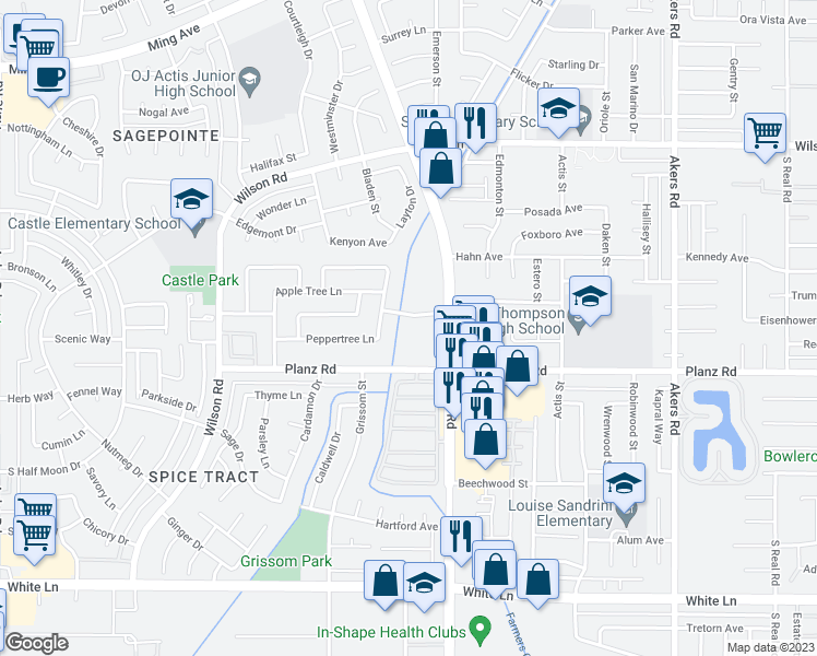 map of restaurants, bars, coffee shops, grocery stores, and more near 5101 Appleblossom Drive in Bakersfield