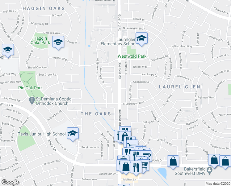 map of restaurants, bars, coffee shops, grocery stores, and more near 3116 Gosford Road in Bakersfield