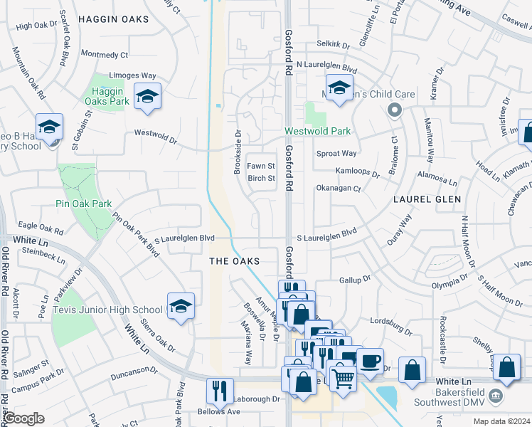 map of restaurants, bars, coffee shops, grocery stores, and more near 3106 Brookside Drive in Bakersfield