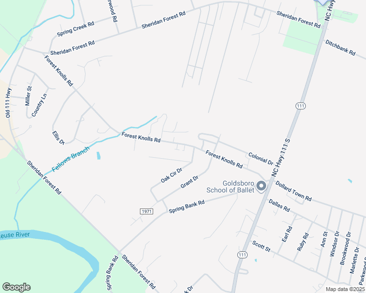 map of restaurants, bars, coffee shops, grocery stores, and more near 307 Forest Knolls Road in Goldsboro