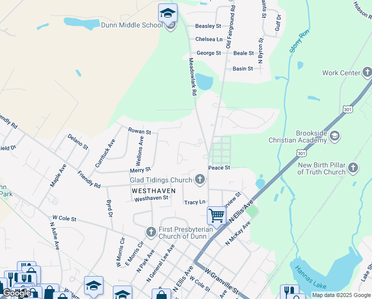 map of restaurants, bars, coffee shops, grocery stores, and more near 108 Webster Drive in Dunn