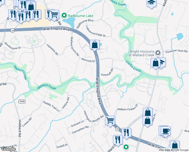 map of restaurants, bars, coffee shops, grocery stores, and more near 8251 Charles Crawford Drive in Charlotte