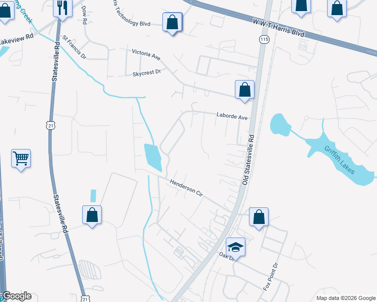 map of restaurants, bars, coffee shops, grocery stores, and more near 7519 Lena Claire Street in Charlotte