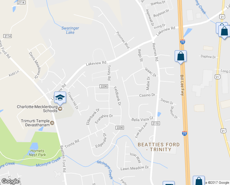 map of restaurants, bars, coffee shops, grocery stores, and more near 9801 Feldbank Drive in Charlotte