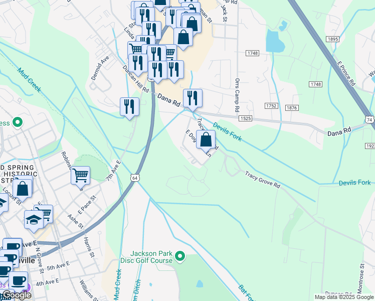 map of restaurants, bars, coffee shops, grocery stores, and more near County Road 1753 in Hendersonville