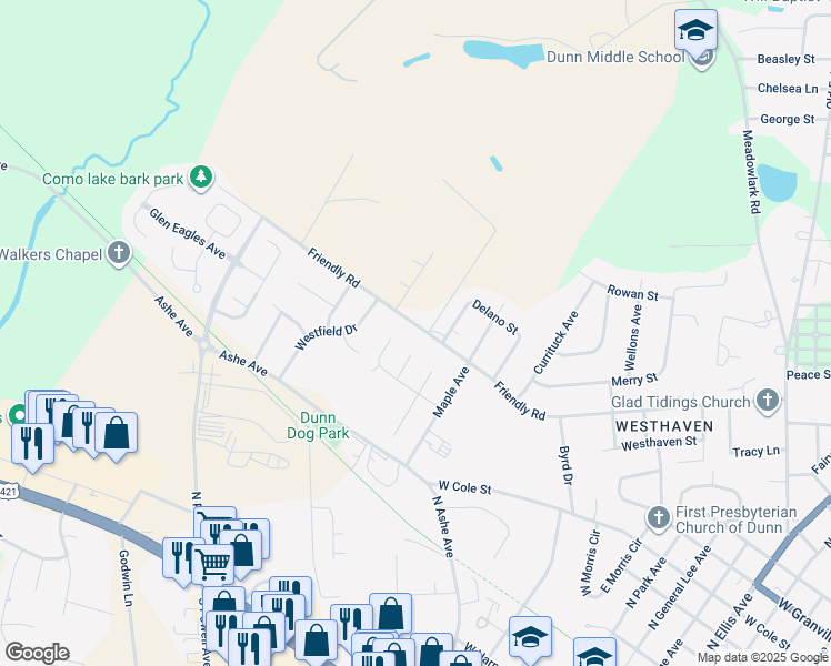 map of restaurants, bars, coffee shops, grocery stores, and more near 1611 Friendly Road in Dunn