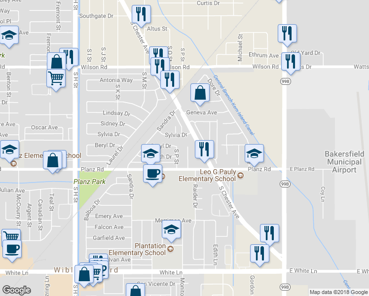 map of restaurants, bars, coffee shops, grocery stores, and more near 3117 Parkland Court in Bakersfield