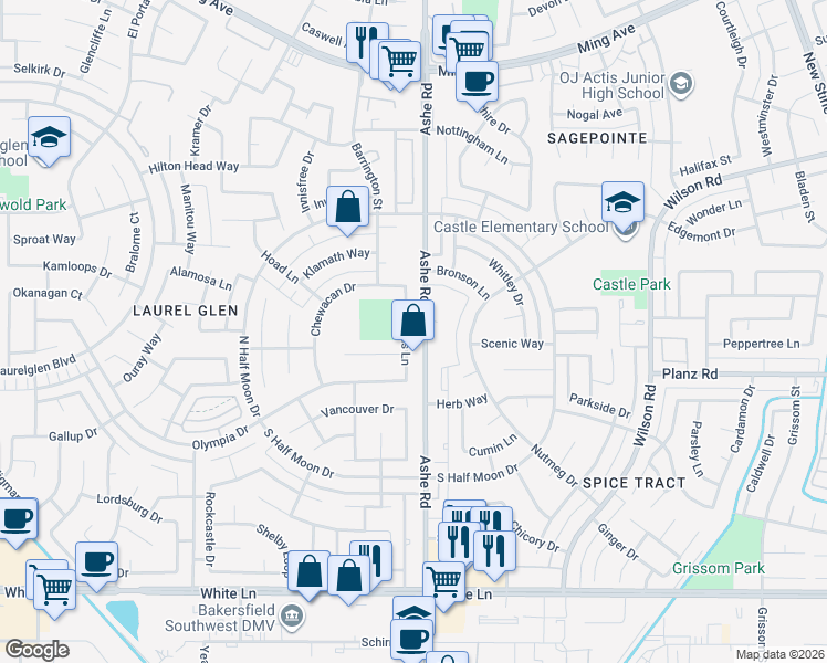map of restaurants, bars, coffee shops, grocery stores, and more near 3108 Corvallis Lane in Bakersfield