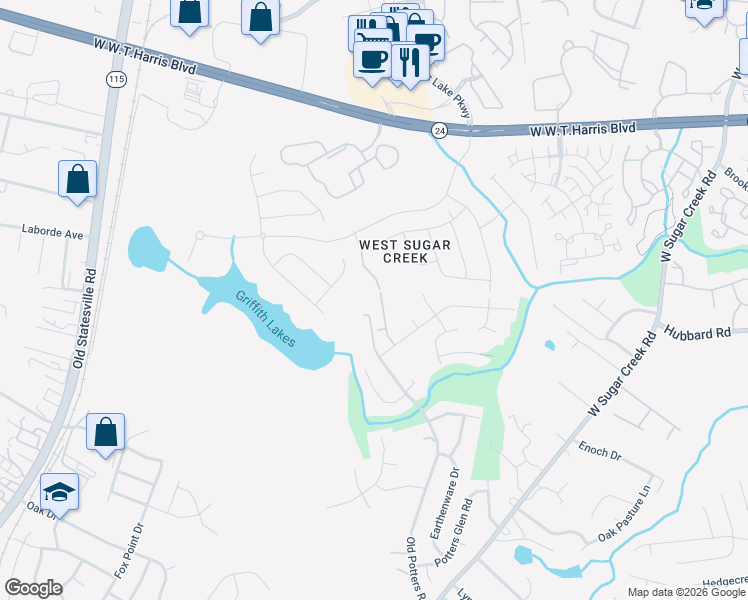 map of restaurants, bars, coffee shops, grocery stores, and more near 7611 Eben Drive in Charlotte