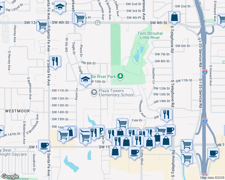 map of restaurants, bars, coffee shops, grocery stores, and more near 1201 MacAlpine Street in Moore