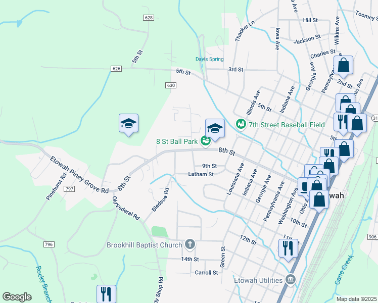 map of restaurants, bars, coffee shops, grocery stores, and more near 800 Scott Avenue in Etowah