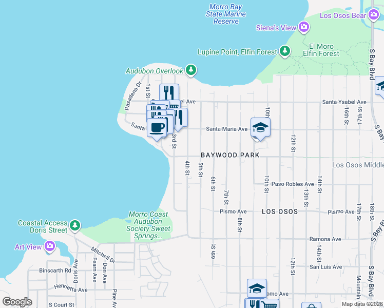 map of restaurants, bars, coffee shops, grocery stores, and more near in Baywood-Los Osos