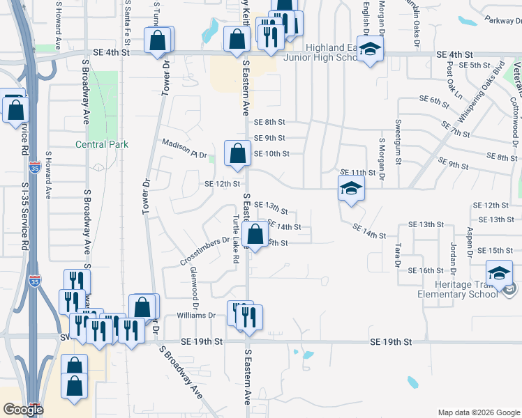 map of restaurants, bars, coffee shops, grocery stores, and more near 808 Southeast 13th Street in Moore