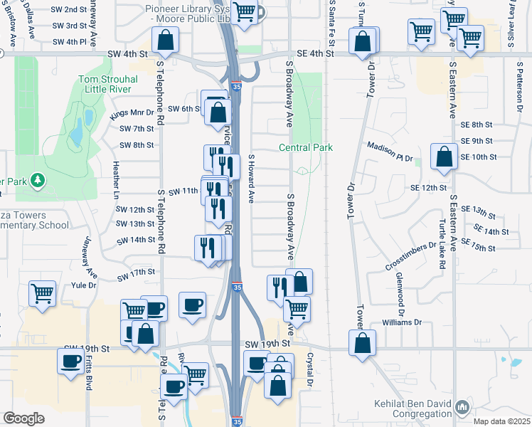map of restaurants, bars, coffee shops, grocery stores, and more near 121 Southwest 13th Street in Moore