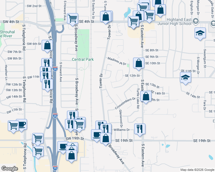 map of restaurants, bars, coffee shops, grocery stores, and more near 1216 Glenwood Drive in Moore