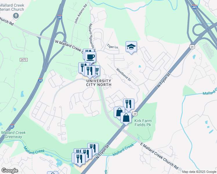 map of restaurants, bars, coffee shops, grocery stores, and more near 9506 Stella Drive in Charlotte