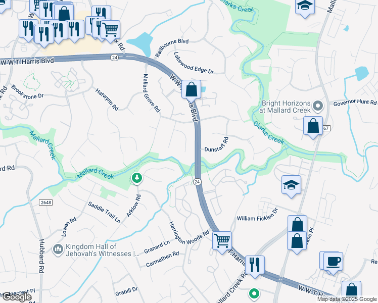 map of restaurants, bars, coffee shops, grocery stores, and more near 8251 Charles Crawford Drive in Charlotte