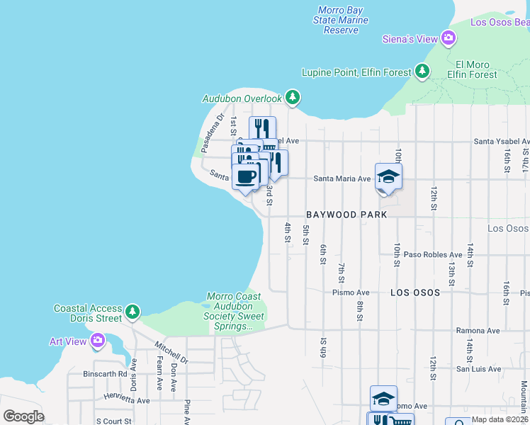 map of restaurants, bars, coffee shops, grocery stores, and more near 674 El Moro Avenue in Baywood-Los Osos