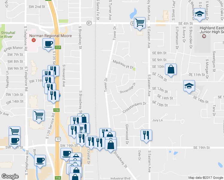 map of restaurants, bars, coffee shops, grocery stores, and more near 1216 Glenwood Drive in Moore