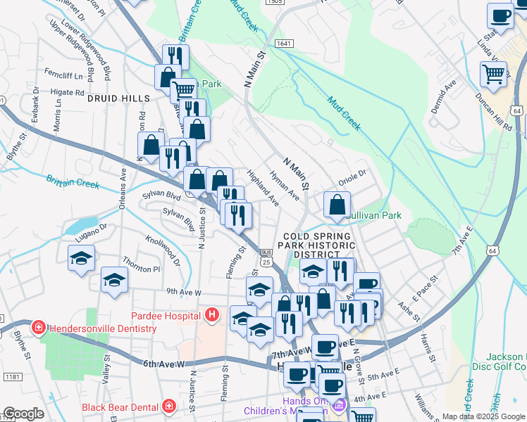 map of restaurants, bars, coffee shops, grocery stores, and more near 1214 Oakland Street in Hendersonville