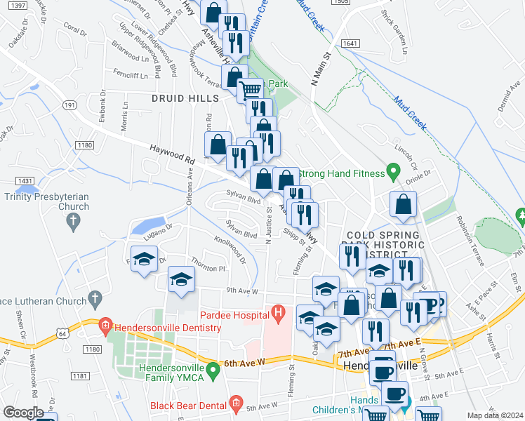 map of restaurants, bars, coffee shops, grocery stores, and more near 706 Sylvan Boulevard in Hendersonville