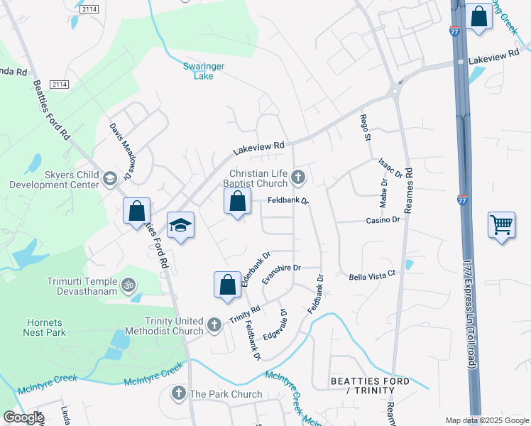map of restaurants, bars, coffee shops, grocery stores, and more near 9934 Rockmeadow Drive in Charlotte