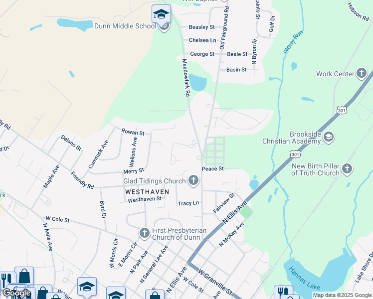 map of restaurants, bars, coffee shops, grocery stores, and more near 1007 Webster Drive in Dunn